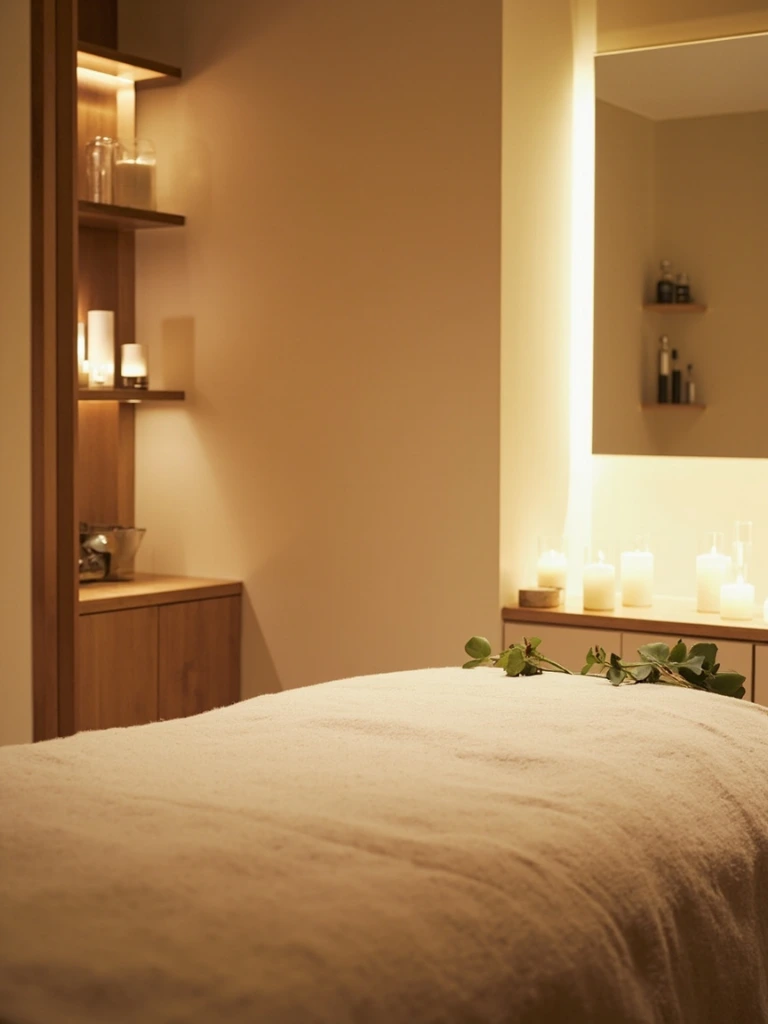 A warm, candlelit massage treatment room with a draped table